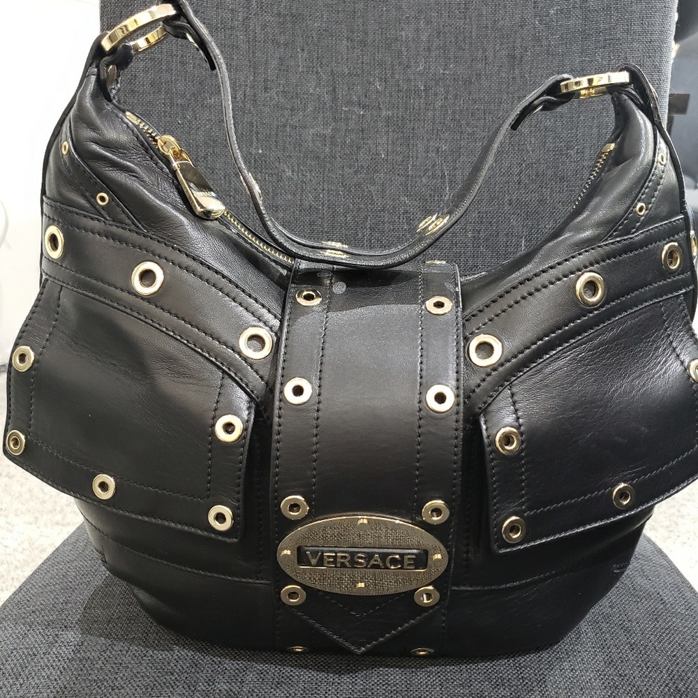 Versace  black leather biker purse